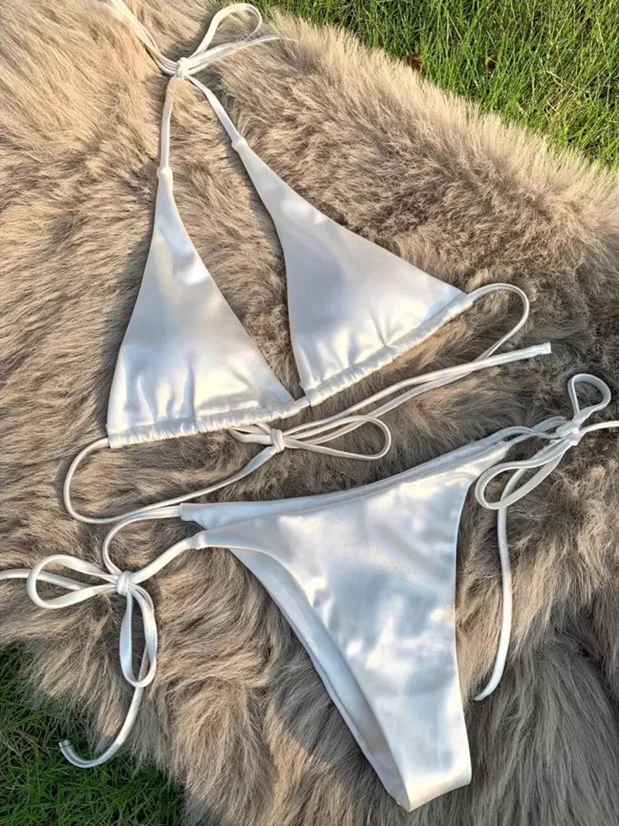 Metallic Satin Bikini Damen – Wrap Around Halter Zweiteiler